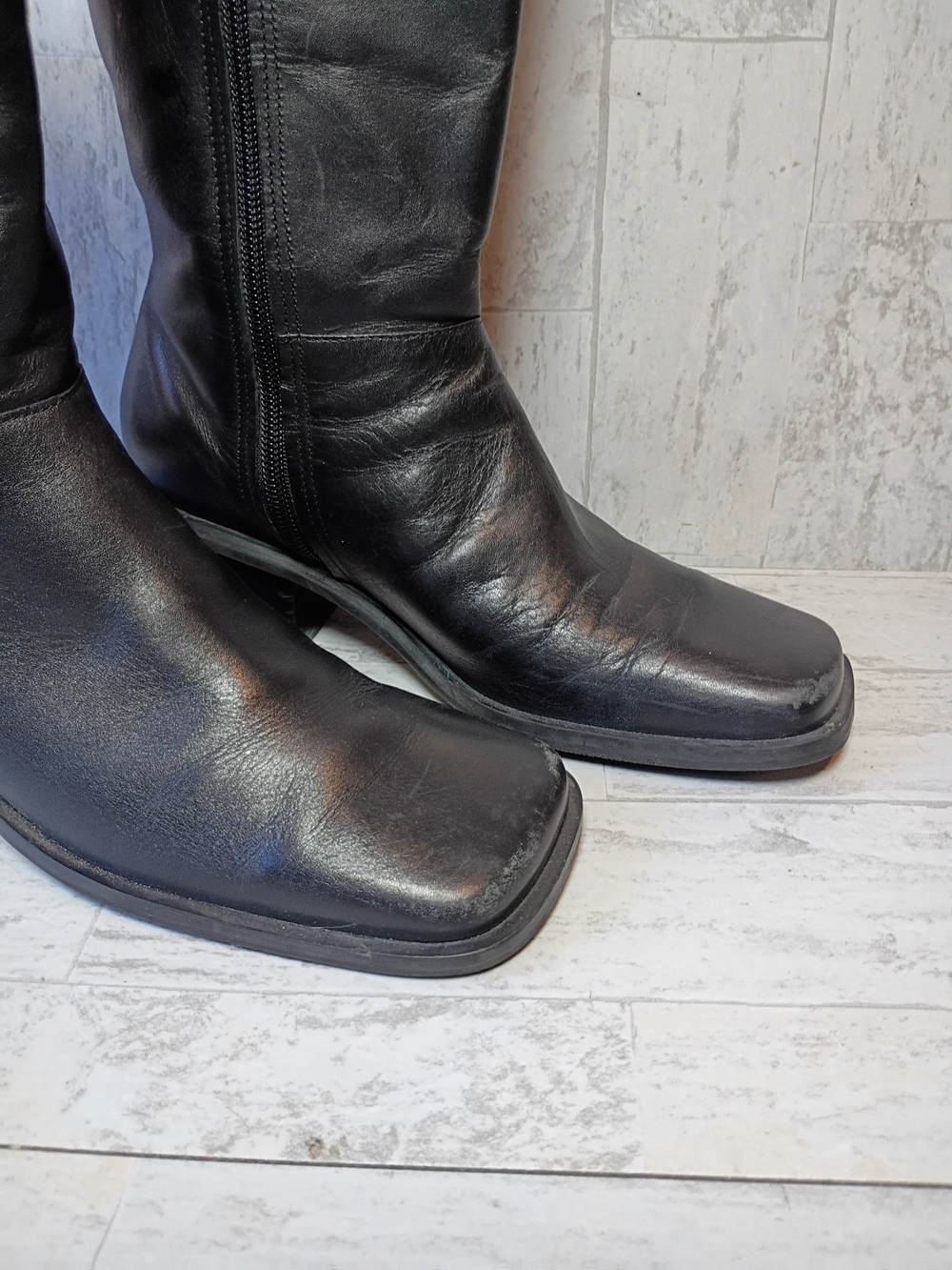 Black leather square toe knee high boots, 90s vintage wide calf size 7.5 US - Picture 2 of 15